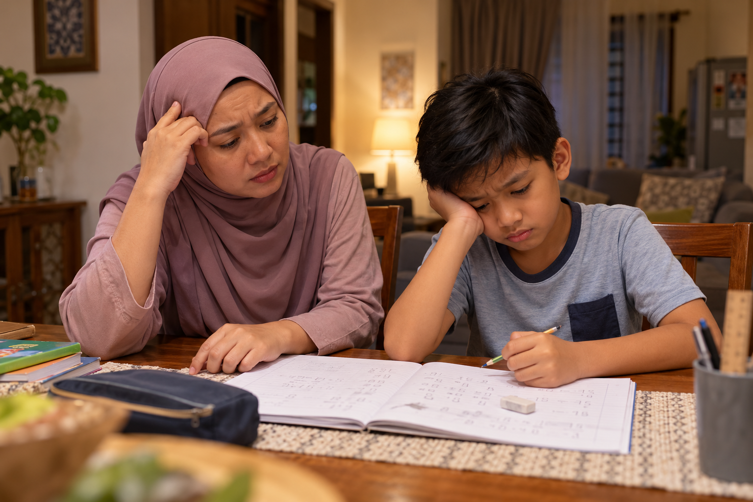 Ilustrasi AI ibu dan anak tertekan ketika menyiapkan kerja sekolah di meja